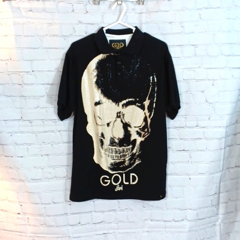 Gold Leaf Mens Bling Black & Silver  Skull Cotton Shirt L  New
